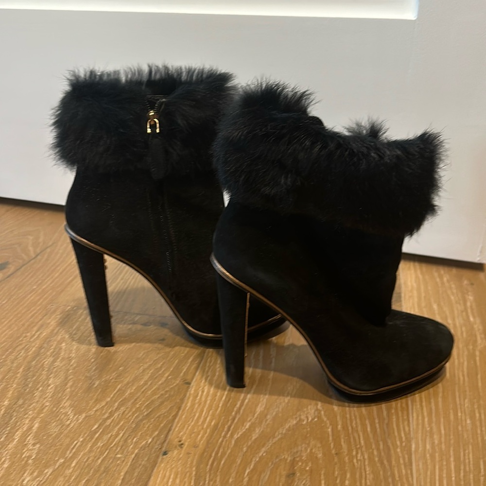 BCBG fuzzy suede ankle boots